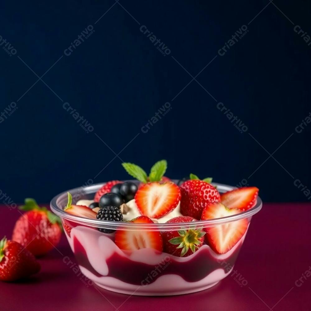 Realistic Image Of A Plastic Acai Bowl Filled With Condensed Milk, Strawberries, And Other Typical Acai Bowl Toppings. Rich Burgundy And Deep Blue. Sophisticated And Elegant