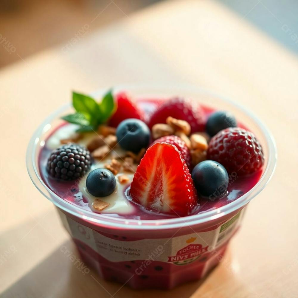 Realistic Image Of A Plastic Acai Bowl Filled With Condensed Milk, Strawberries, And Other Typical Acai Bowl Toppings. Warm Terracotta And Cool Teal. Bright Lens Flare, Light Streaks, Vibrant Colors.