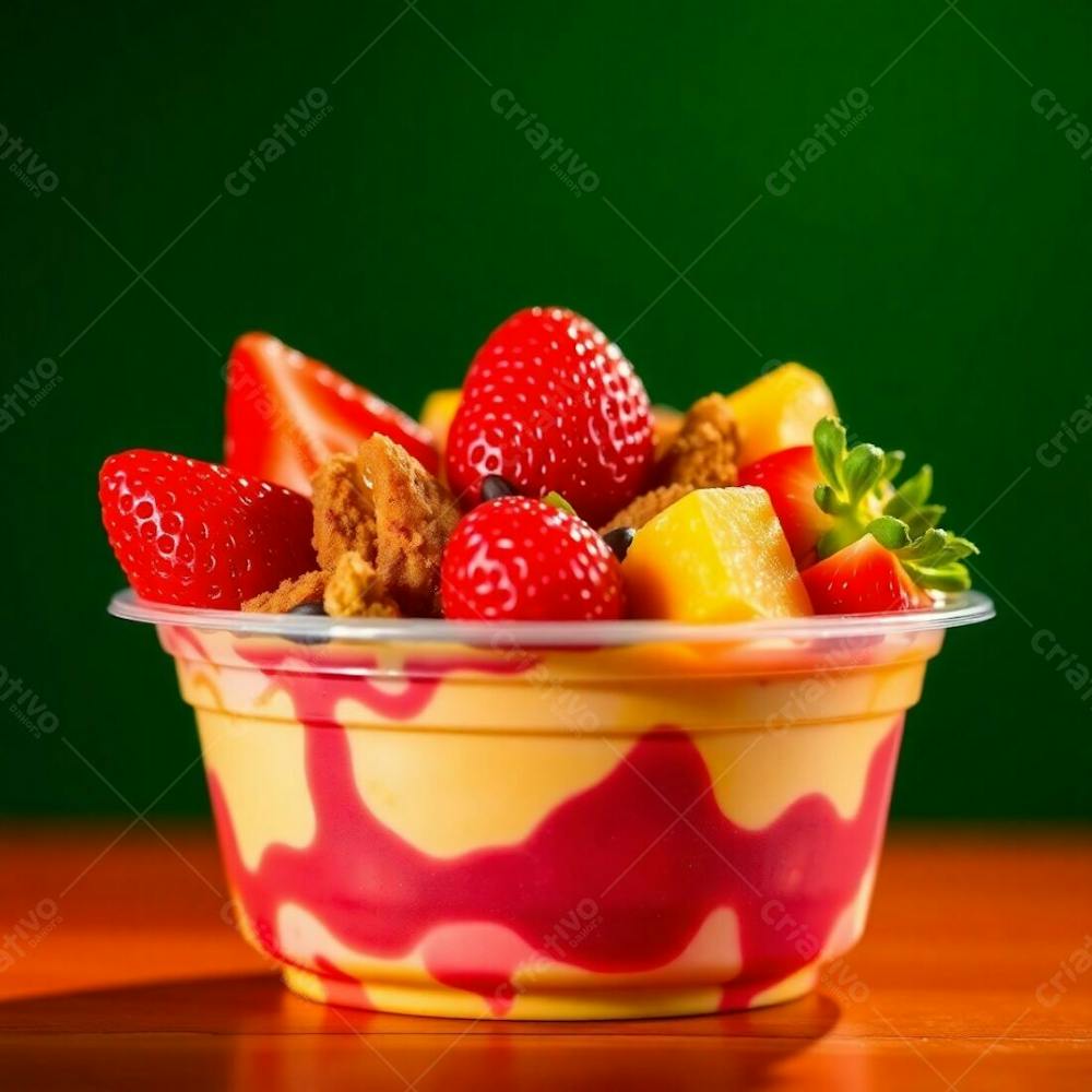 Realistic Image Of A Plastic Cup Filled With Açai, Showcasing Condensed Milk, Strawberries, And Other Toppings. Warm, Dramatic Lighting With High Contrast, Vibrant Green, Red, Orange And Yellow Color