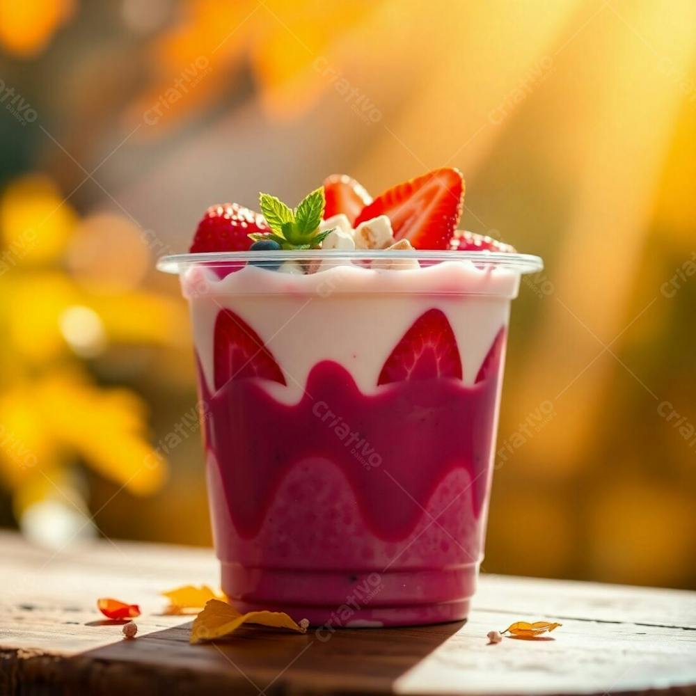 Realistic Image Of A Plastic Cup Of Açai, Filled With Condensed Milk, Strawberries, And Other Typical Açai Bowl Toppings. Warm Autumn Colors, Bright Lens Flare, Earthy And Cozy Background With Light