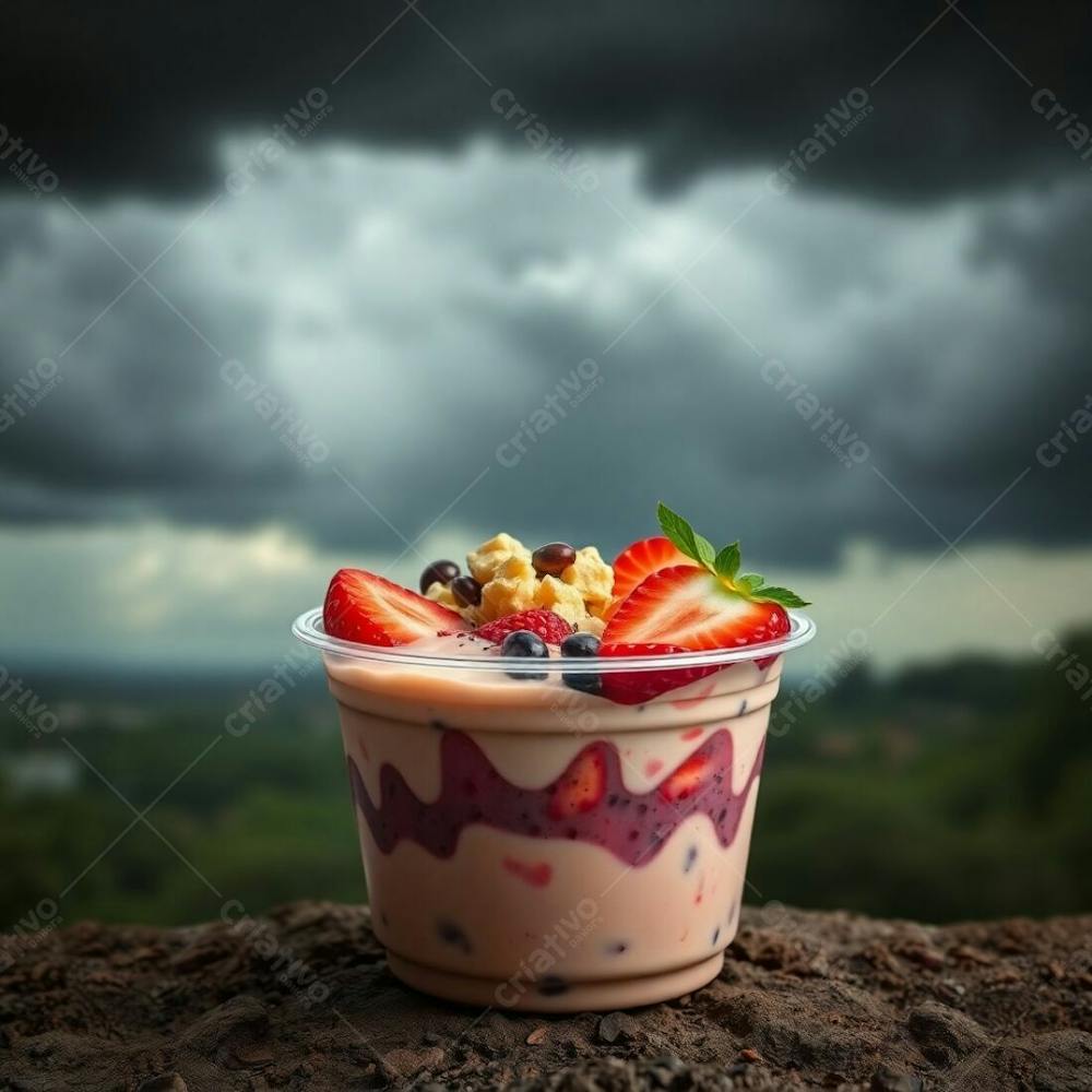 Realistic Image Of A Plastic Cup Of Açai, Filled With Condensed Milk, Strawberries, And Other Typical Açai Bowl Toppings. Intense Dramatic Weather, Natural Earth Tones, Browns, Beiges, Muted Colors, S