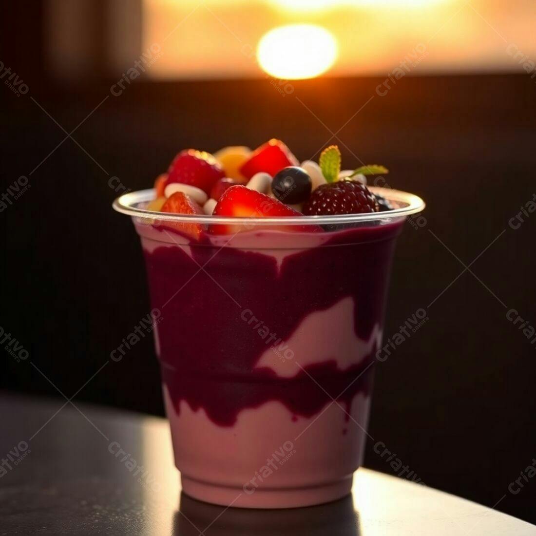 Açaí com frutas vermelhas ao pôr do sol
