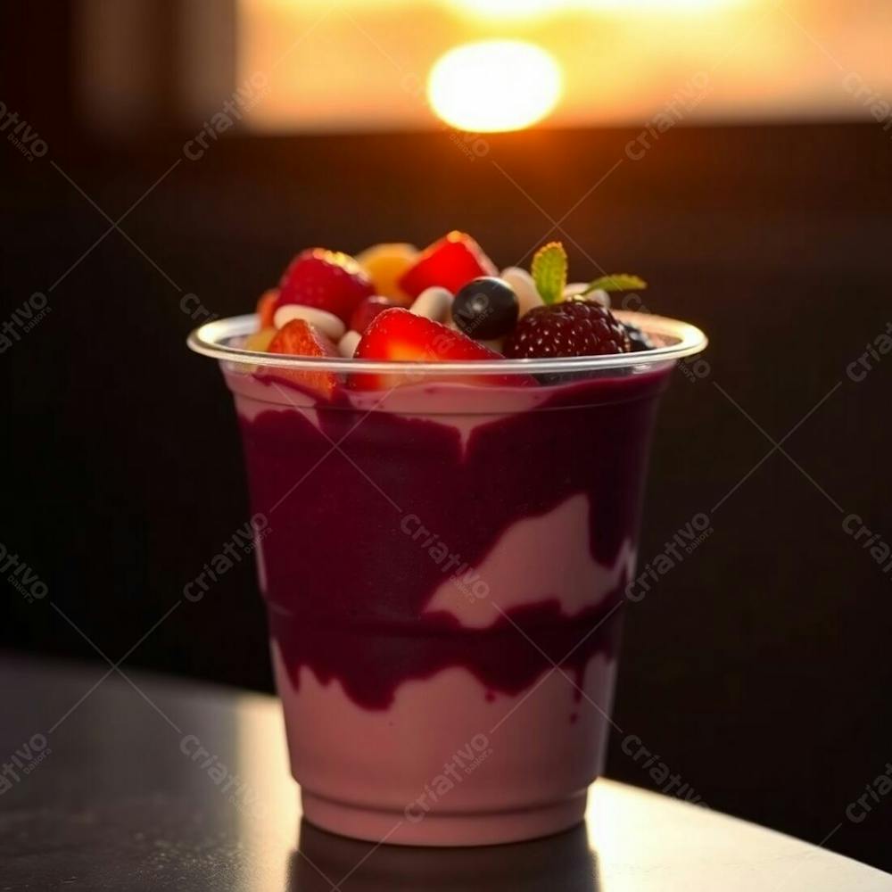 Realistic Image Of A Plastic Cup Of Açai, Filled With Condensed Milk, Strawberries, And Other Typical Açai Bowl Toppings. Rich Burgundy And Deep Blue Colors, Warm Golden Hour Light, Soft Light Just Af