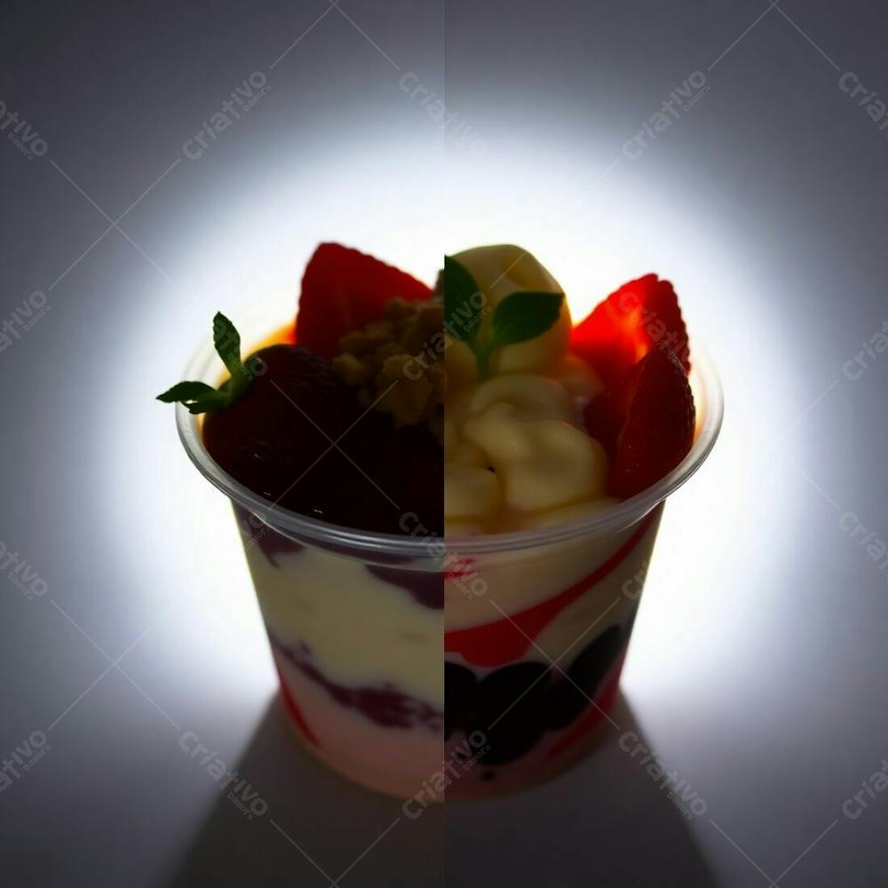 Realistic Image Of A Plastic Cup Of Açai, Filled With Condensed Milk, Strawberries, And Other Typical Açai Bowl Toppings. Silhouetted Backlighting, Distinct Split Image With Divided Sections, Bold Are