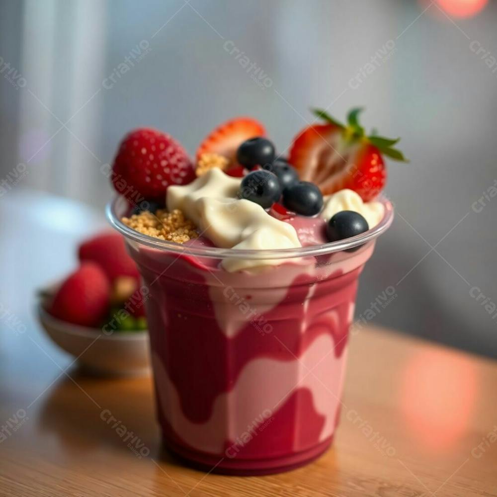 Realistic Image Of A Plastic Cup Of Açai, Filled With Condensed Milk, Strawberries, And Other Typical Açai Bowl Toppings. Soft Cinematic Haze, Iridescent Colors, Iridescent Reflections, Soft Focus, Ha