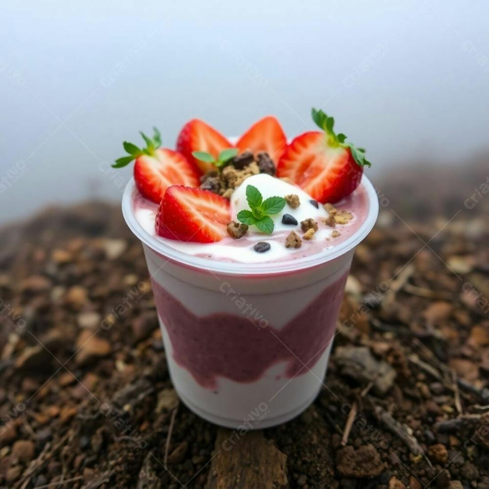 Realistic Image Of A Plastic Cup Of Açai, Filled With Condensed Milk, Strawberries, And Other Typical Açai Bowl Toppings. Thick Foggy Surroundings, Natural Earth Tones, Browns, Beiges, Muted Colors, L