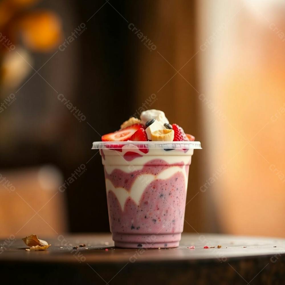 Realistic Image Of A Plastic Cup Of Açai, Filled With Condensed Milk, Strawberries, And Other Typical Açai Bowl Toppings. Warm Autumn Colors, Soft Cinematic Haze, Soft Focus, Hazy Background, Earthy A