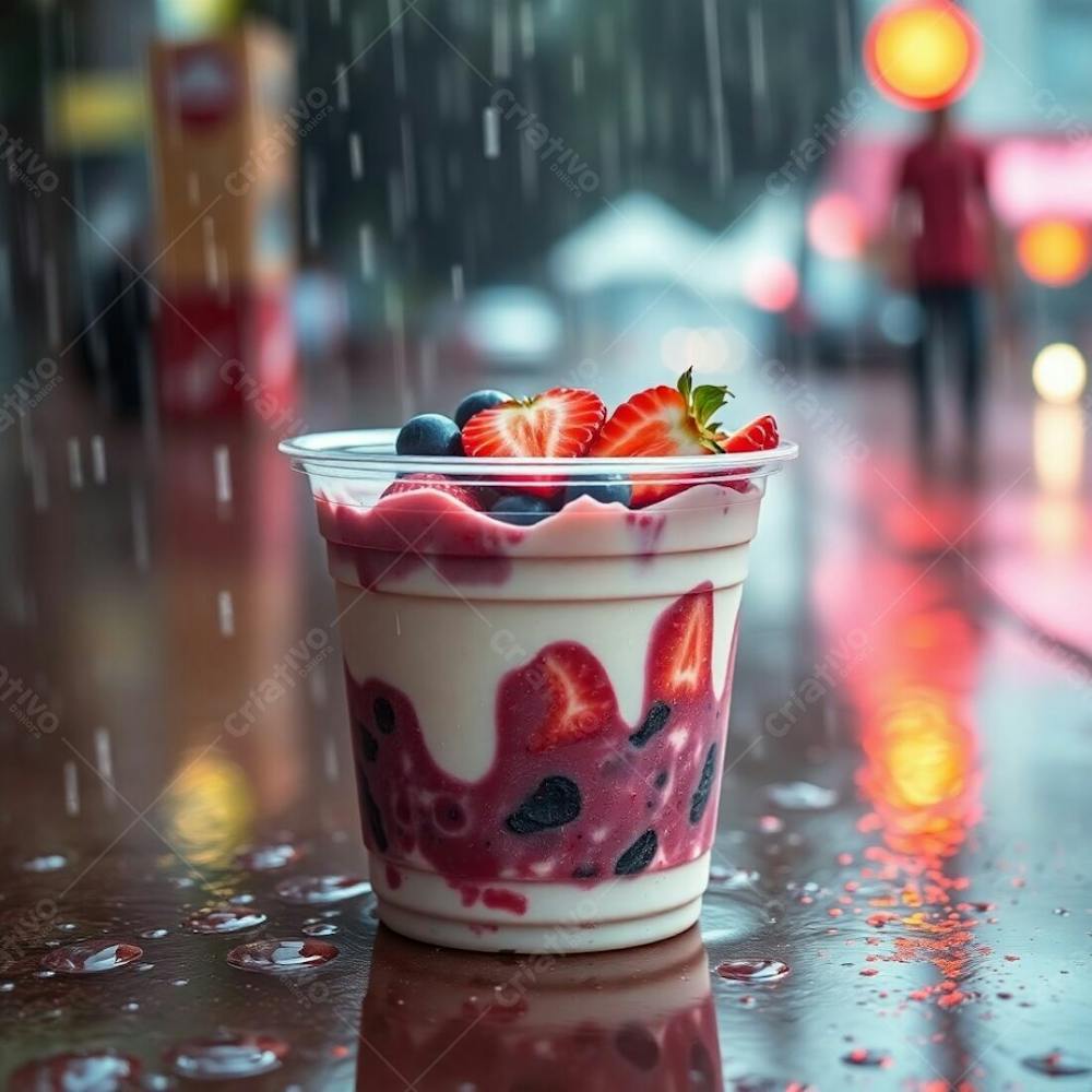 Realistic Image Of A Plastic Cup Of Açai, Filled With Condensed Milk, Strawberries, And Other Typical Açai Bowl Toppings. Wet Rainy Scene, Surreal Infrared Tones, Otherworldly Appearance, Drizzling Ra