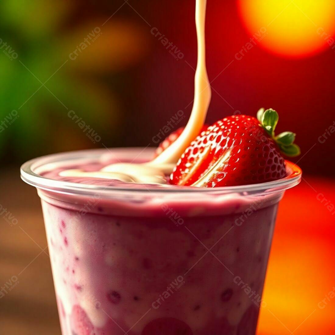 Batido de morango com creme sendo adicionado