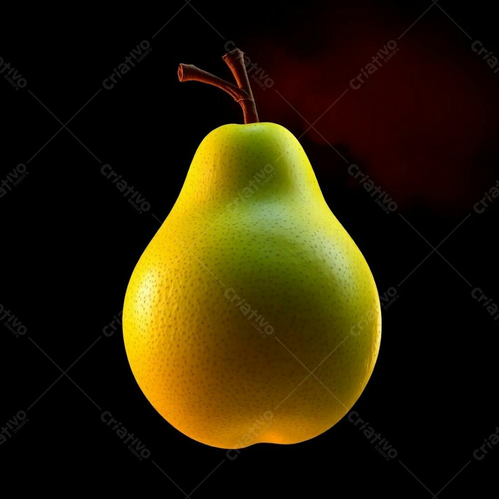 A Photorealistic Green Pear, Beautifully Lit With Warm, Intense Dramatic Lighting. The High Contrast Emphasizes The Pear&#39;S Form Against A Black Background, With Splashes Of Red, Orange, And Yellow