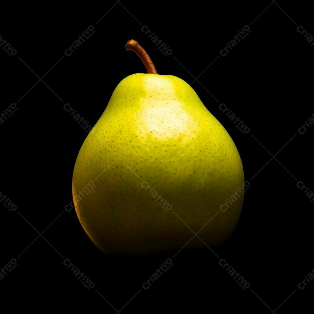 A Photorealistic Green Pear, Meticulously Detailed, Is The Focal Point. Intense, Warm Lighting Creates High Contrast Against The Black Background, Complemented By Accents Of Red, Orange And Yellow