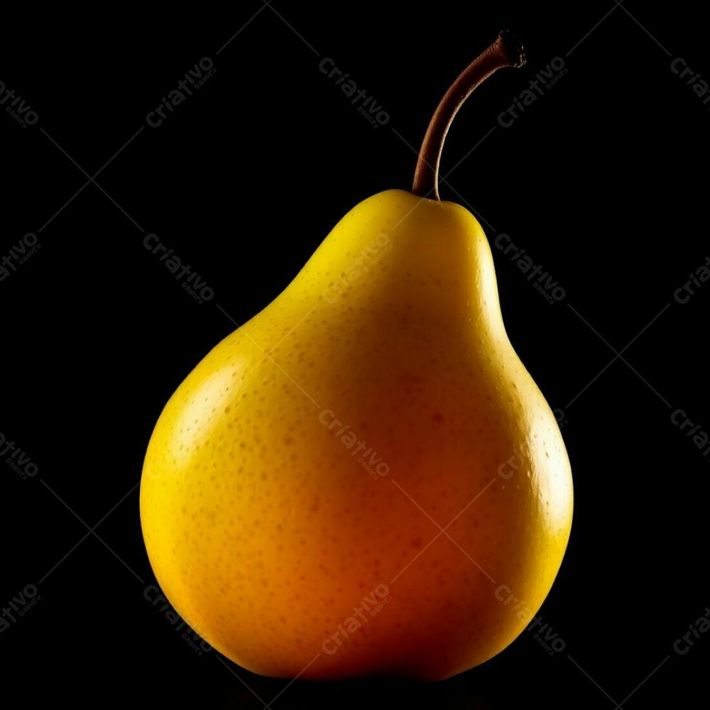 A Realistically Rendered Green Pear, Beautifully Lit With Warm, Dramatic Lighting Against A Black Backdrop. The Composition Uses High Contrast, Incorporating Reds, Oranges And Yellows For A Visually Tense An