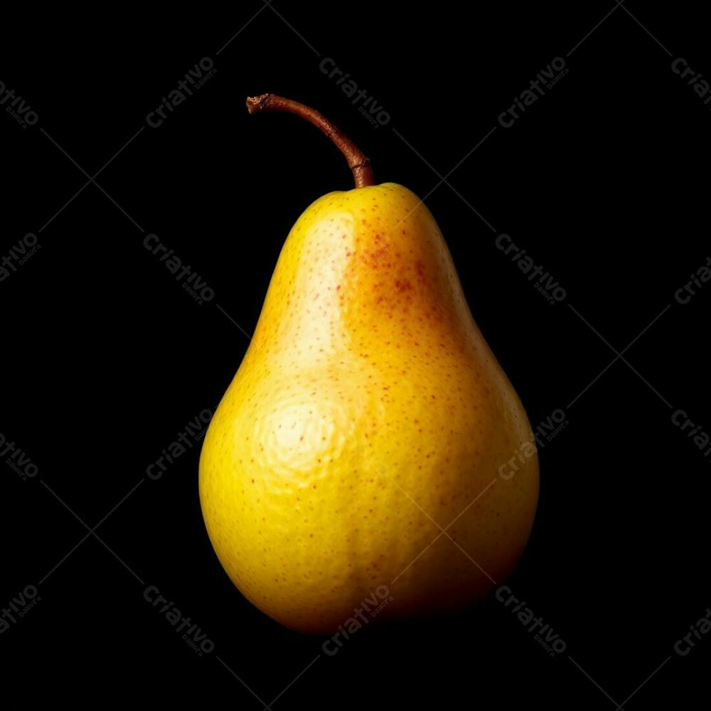 A Single Green Pear, Realistically Rendered With Intense Dramatic Lighting. Warm Colors Like Red, Orange, And Yellow Dramatically Contrast Against The Black Background. High Contrast Emphasizes Texture And Fo