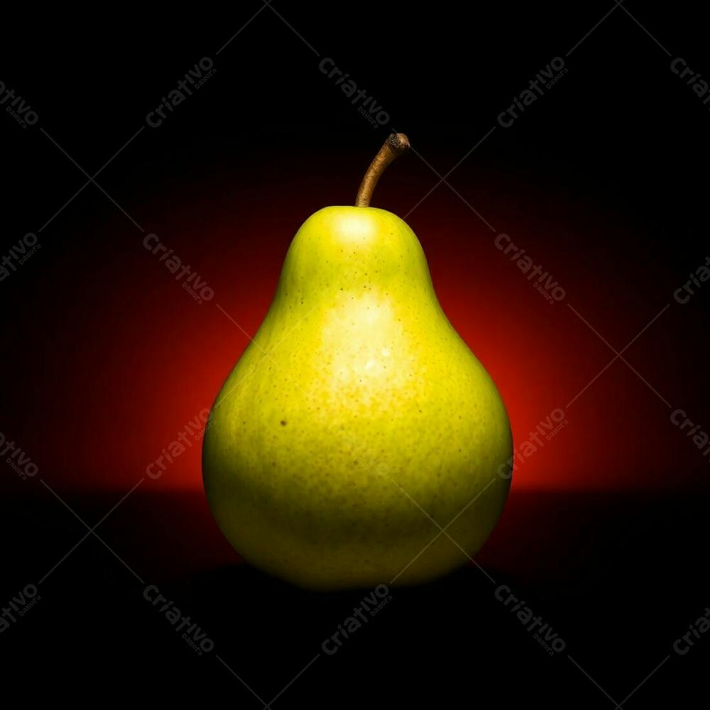 A Single, Lush Green Pear, Center Framed In A Photorealistic Style, Illuminated By Warm, Dramatic Lighting. High Contrast Is Achieved Through A Black Background And Accents Of Red, Orange, And Yellow