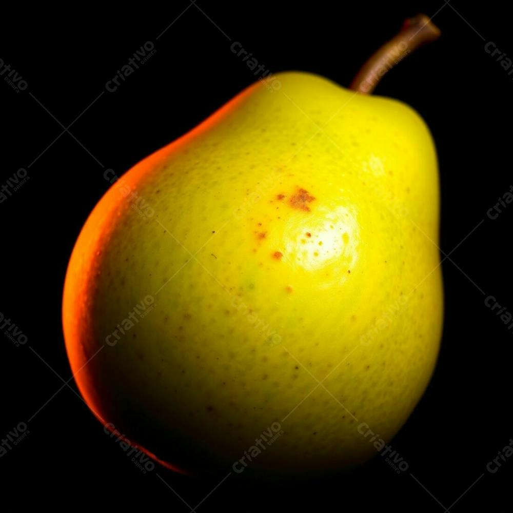 Close Up Photorealistic Image Of A Green Pear, Beautifully Lit With Warm, Intense Dramatic Lighting. The Black Background Emphasizes The Pear&#39;S Texture And Color, With Accents Of Red, Orange, And Yellow