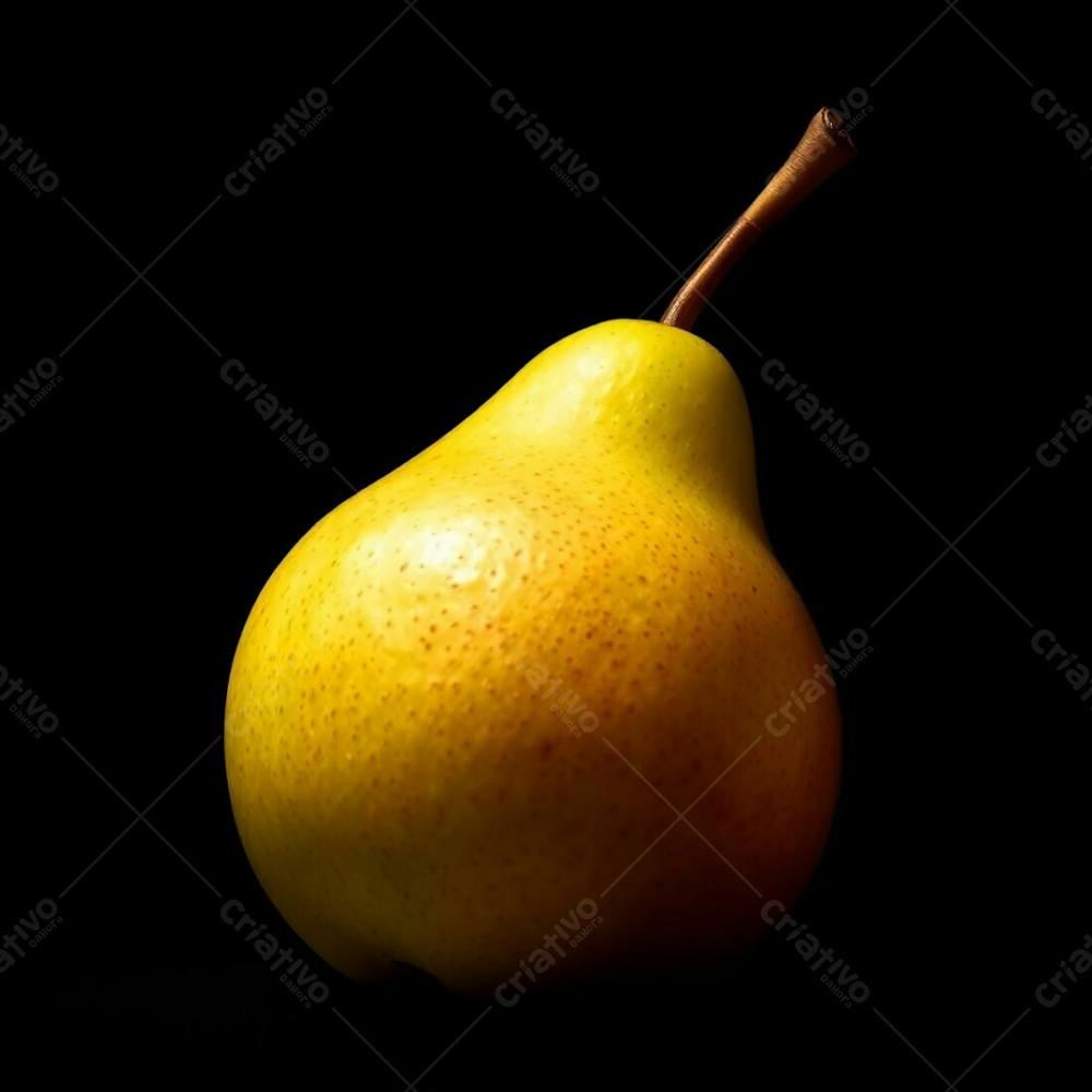 Close Up Photorealistic Image Of A Single Green Pear, Illuminated By Intense Warm Dramatic Lighting. High Contrast With Red, Orange, And Yellow Accents Against A Black Background. The Pear&#39;S Form And Textur