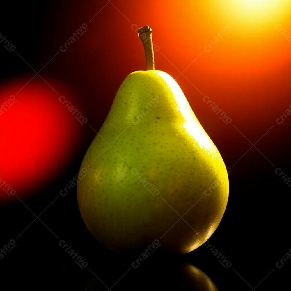 Close Up, Photorealistic Image Of A Green Pear, Illuminated By Warm, Dramatic Lighting. The Black Background Emphasizes The High Contrast, Enhanced By Splashes Of Red, Orange, And Yellow Light