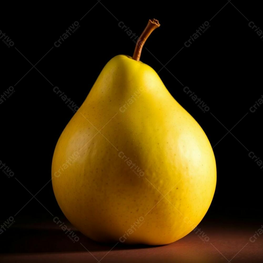 High Contrast Photorealistic Image Of A Green Pear Against A Black Background. Warm, Dramatic Lighting With Reds, Oranges, And Yellows Creates Tension. The Pear Is Detailed, Showcasing Its Smooth Skin And I