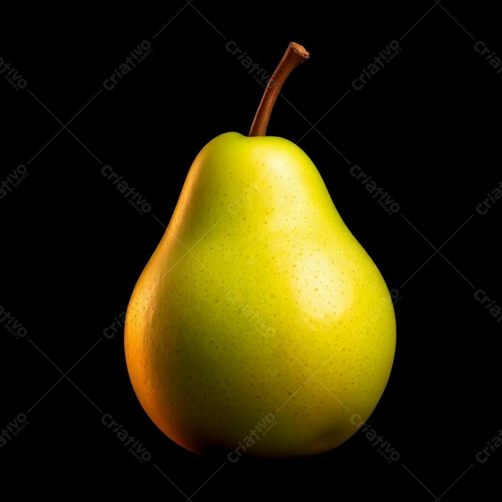 Photorealistic Image Of A Green Pear, Vibrant And Inviting, Against A Black Background. Warm, Intense Dramatic Lighting With High Contrast, Using Reds, Oranges, And Yellows To Create Tension. Focus On The P