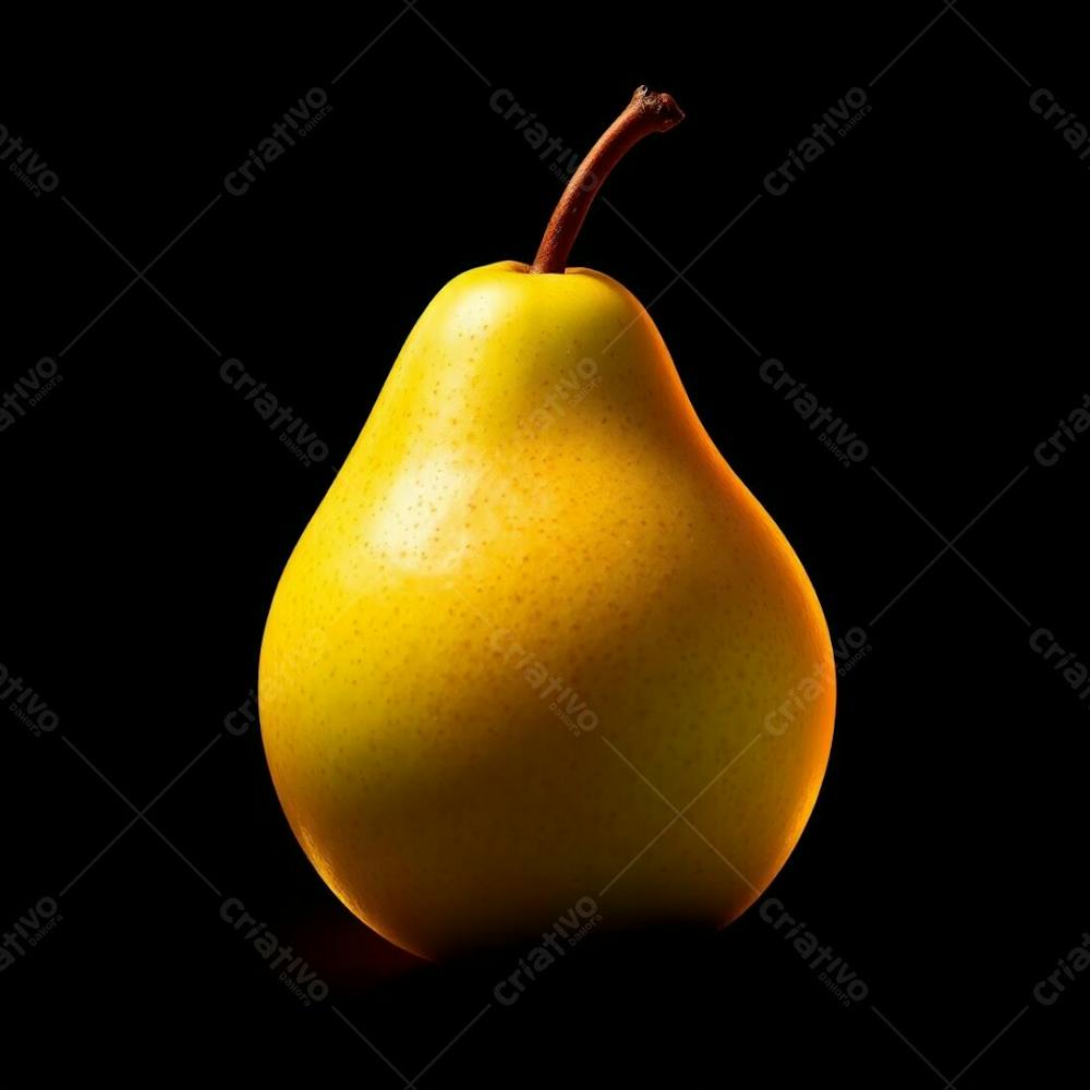 Photorealistic Image Of A Vibrant Green Pear, Intensely Lit Against A Black Background. Warm Lighting, Rich Reds, Oranges, And Yellows Create High Contrast And Dramatic Tension. The Pear Is Depicted As Lusci