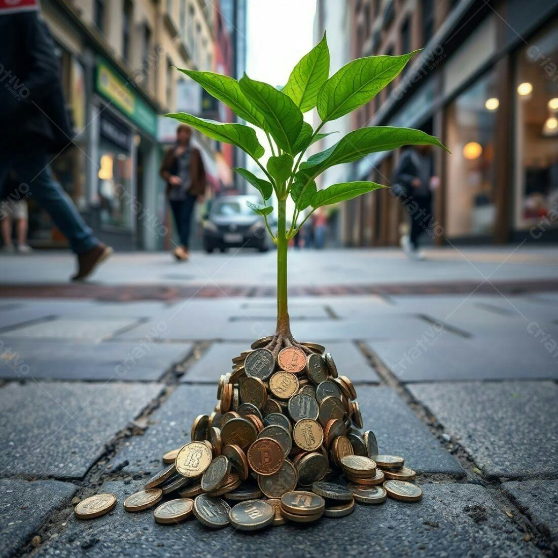 Planta crescendo em pilha de moedas na rua