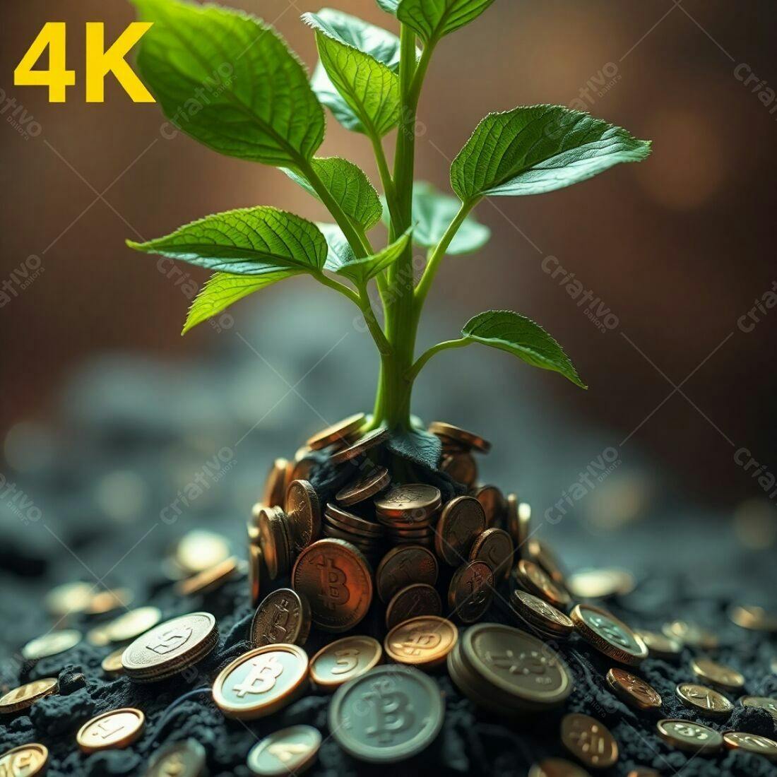 Planta crescendo em pilha de moedas