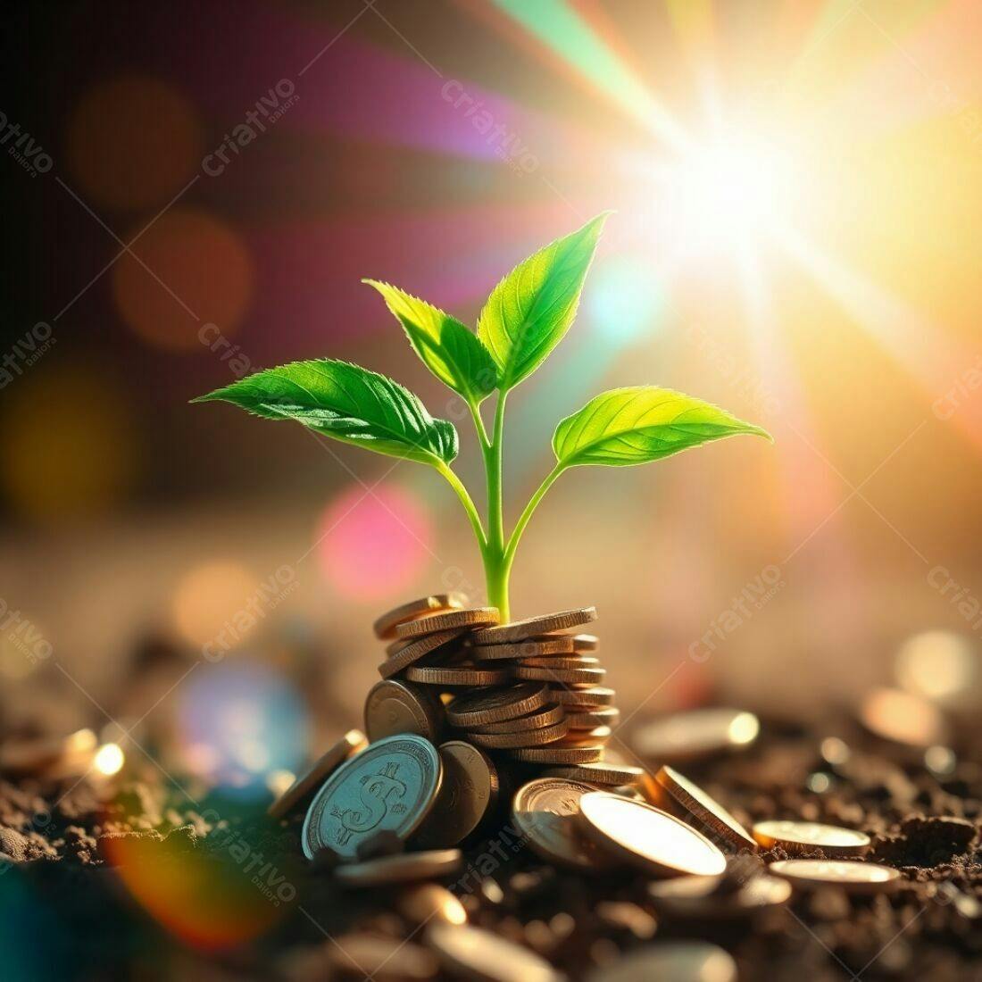 Planta crescendo em pilha de moedas