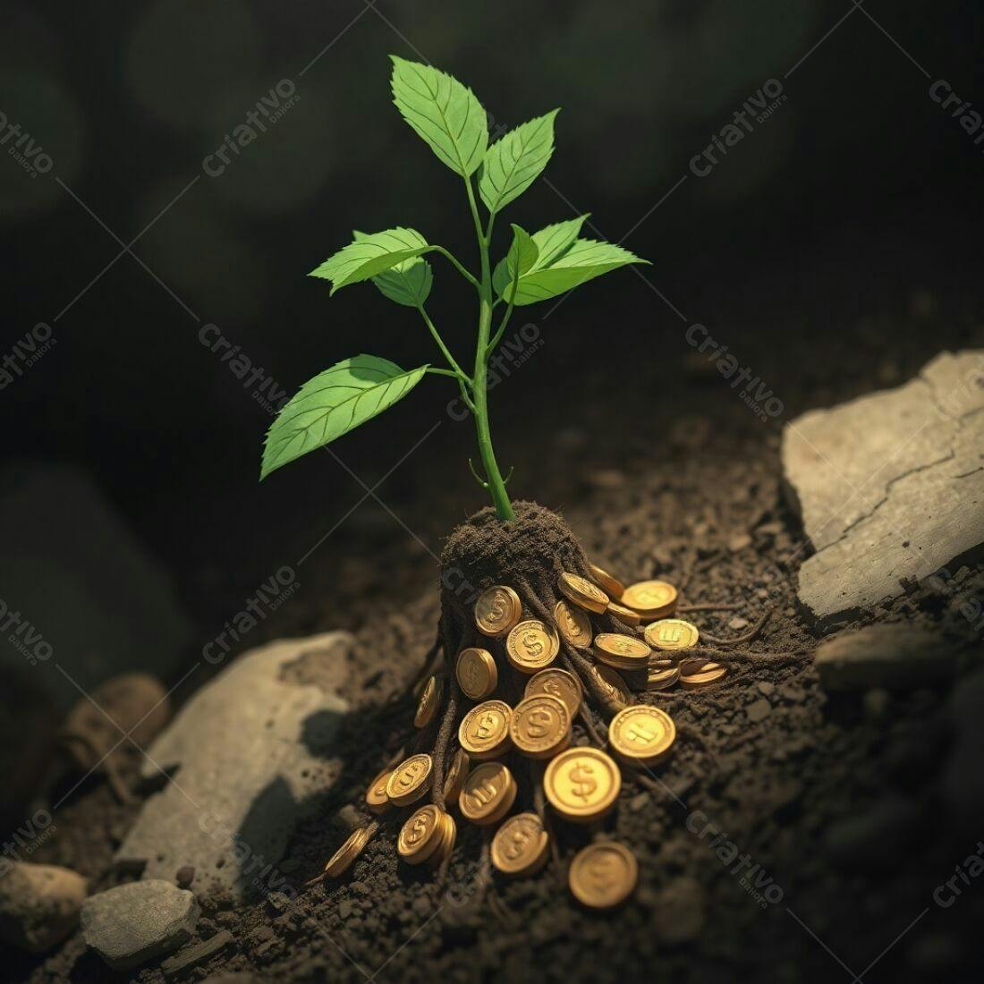 Planta crescendo sobre moedas de ouro
