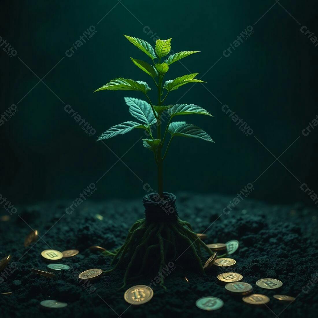 Planta crescendo em moedas de Bitcoin