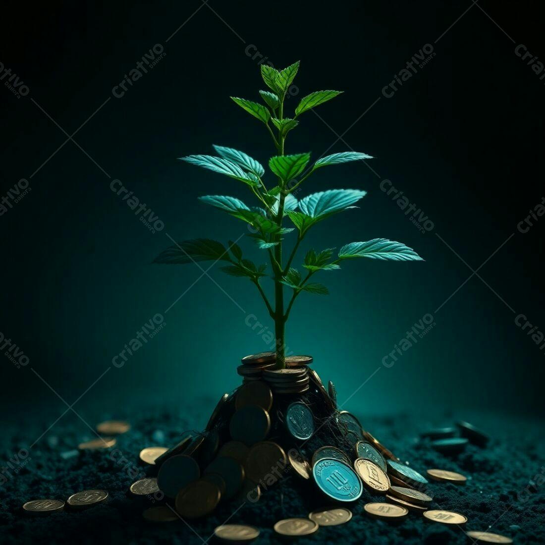 Planta crescendo em pilha de moedas