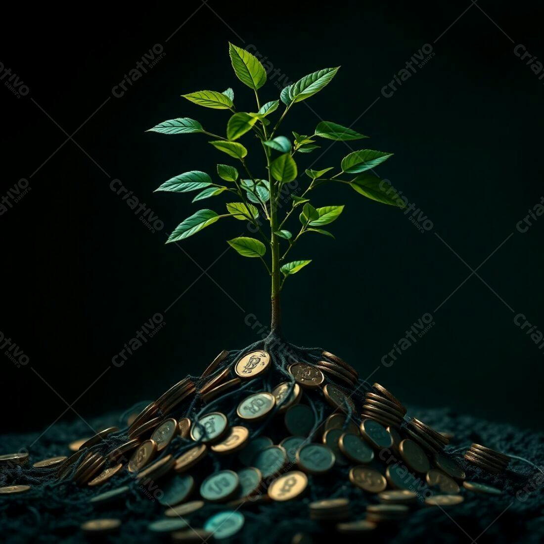 Planta crescendo sobre pilha de moedas