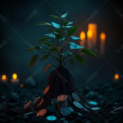 Arvore De Dinheiro, Planta Com Dinheiro Bitcoin, Real Dólar, Ilustração Semente De Dinheiro Dizimo E Oferta