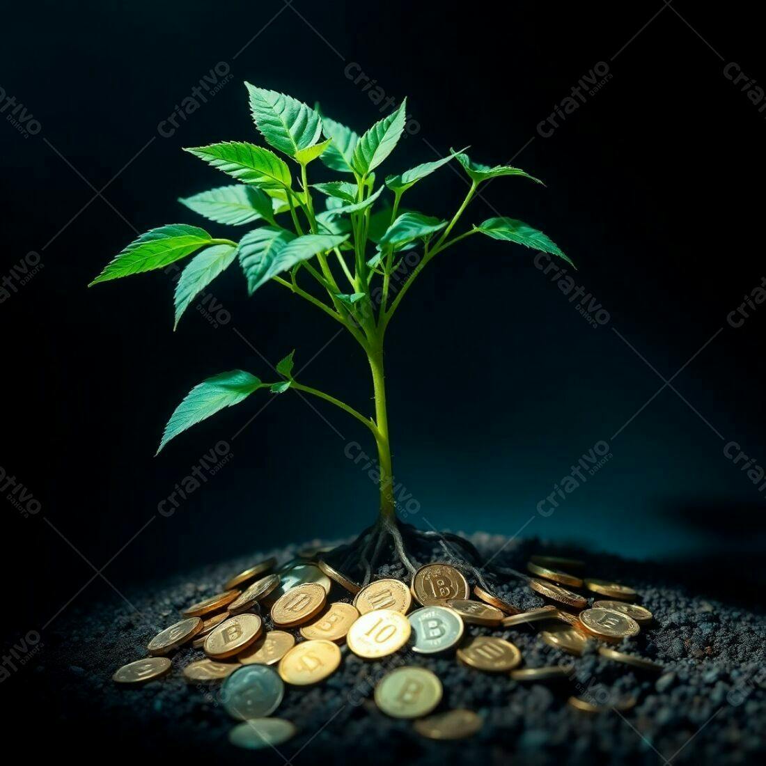 Planta crescendo em moedas douradas