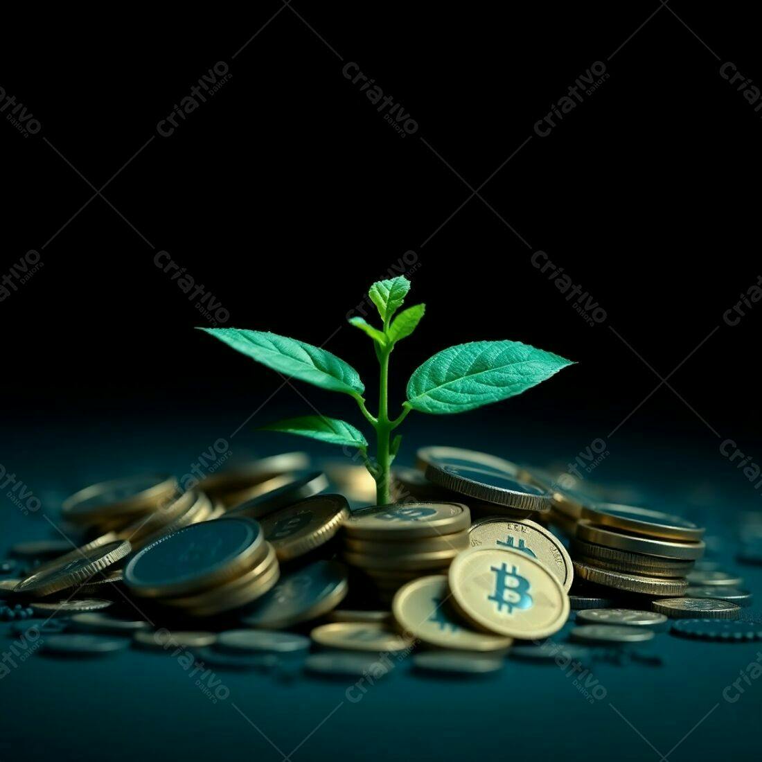 Planta crescendo sobre moedas Bitcoin