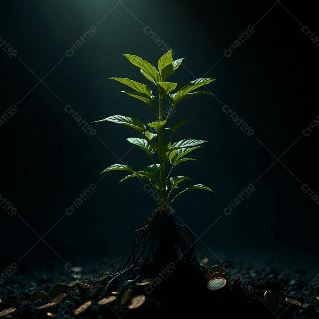 Planta crescendo sobre moedas escuras