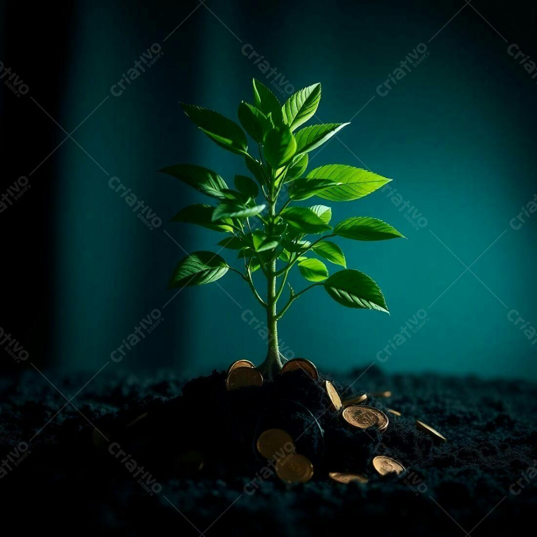 Planta crescendo entre moedas escuras