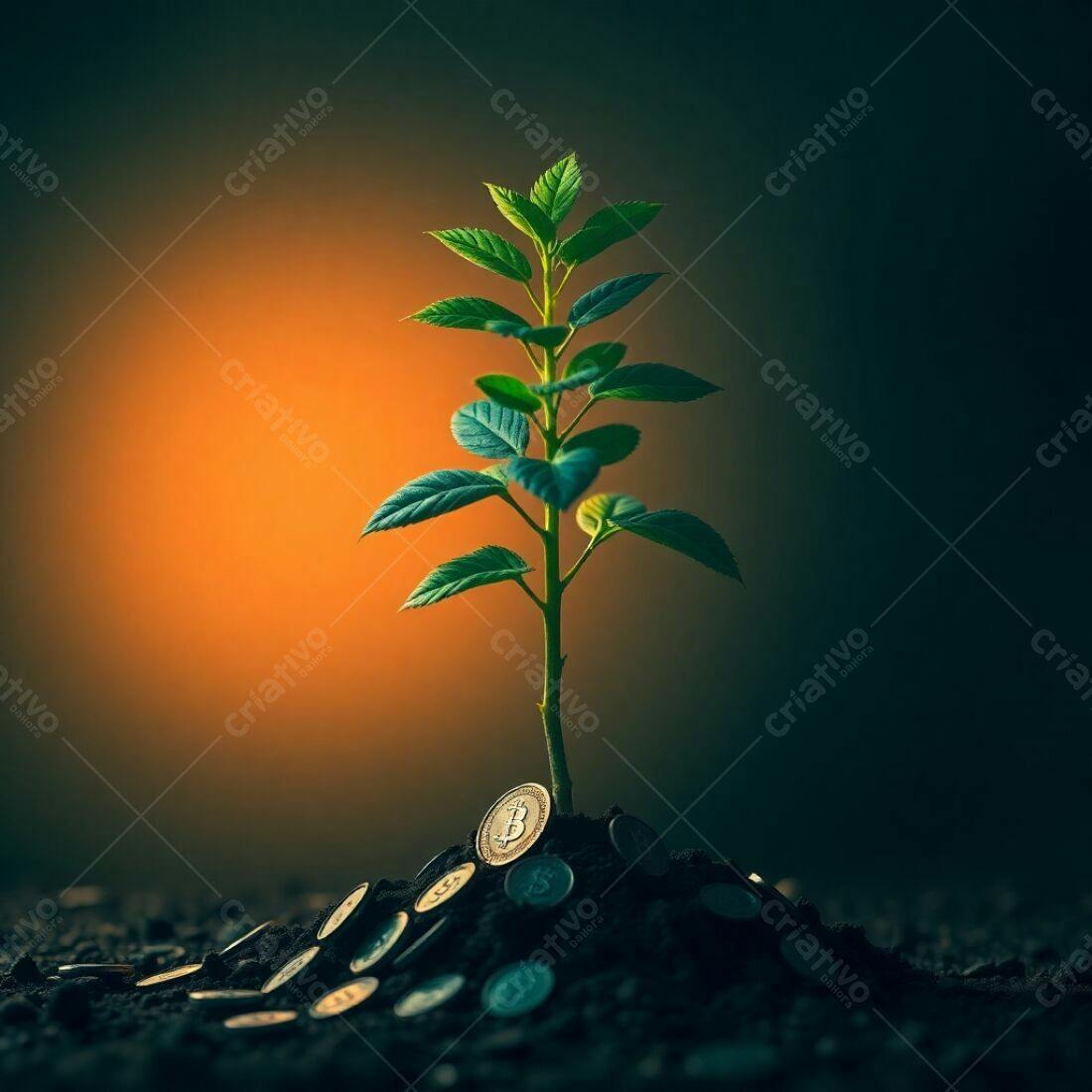 Planta crescendo em moedas digitais