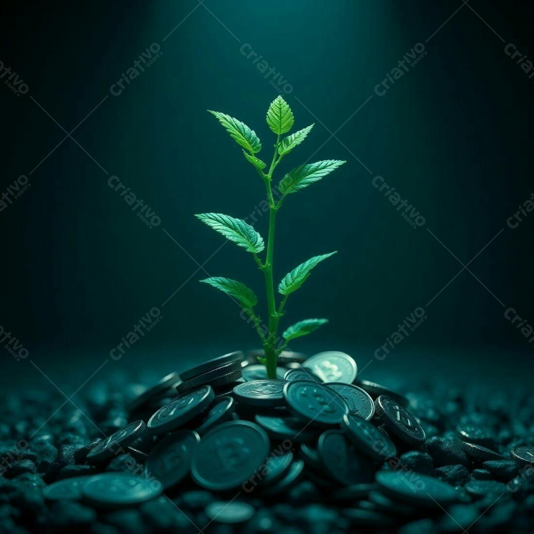 Planta crescendo sobre pilha de moedas