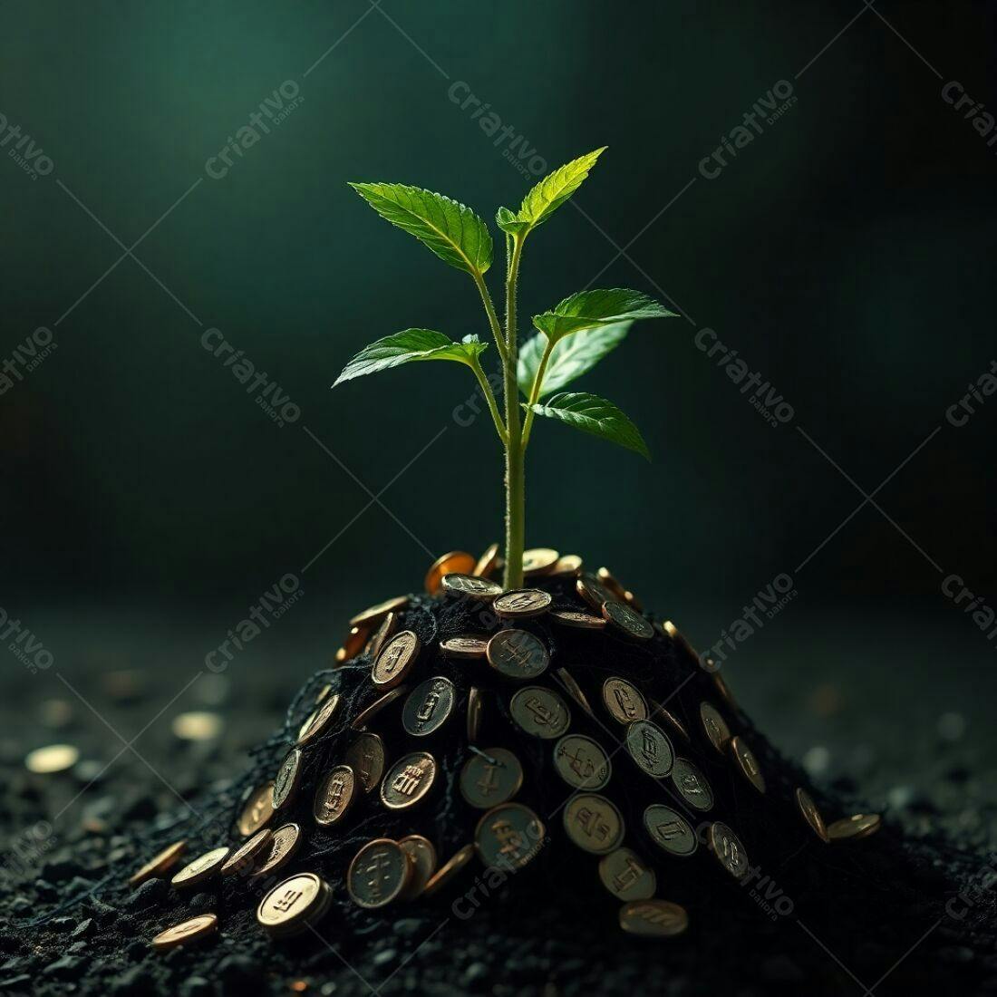Planta crescendo em pilha de moedas