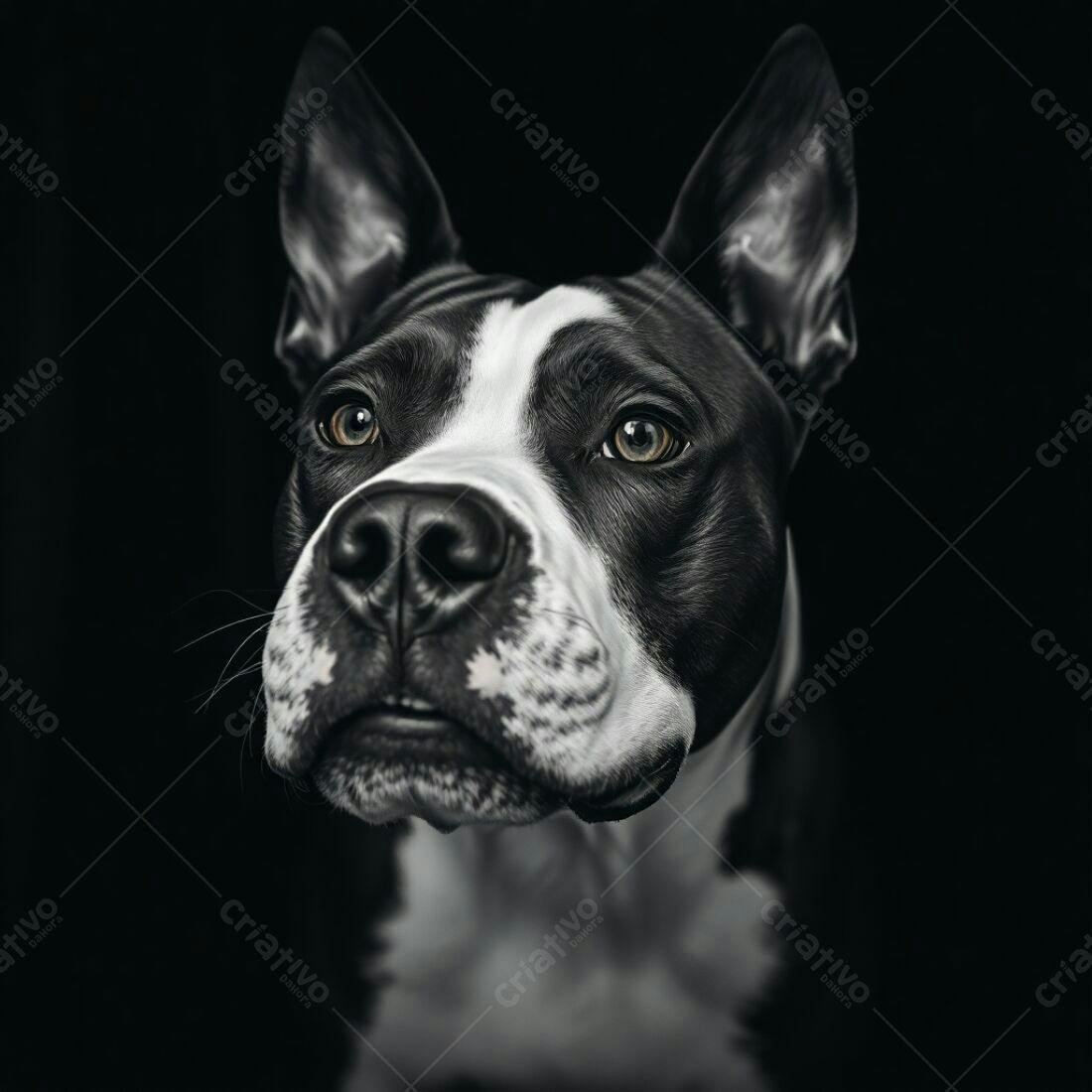 Pitbull Branco e Preto Olhando para Cima