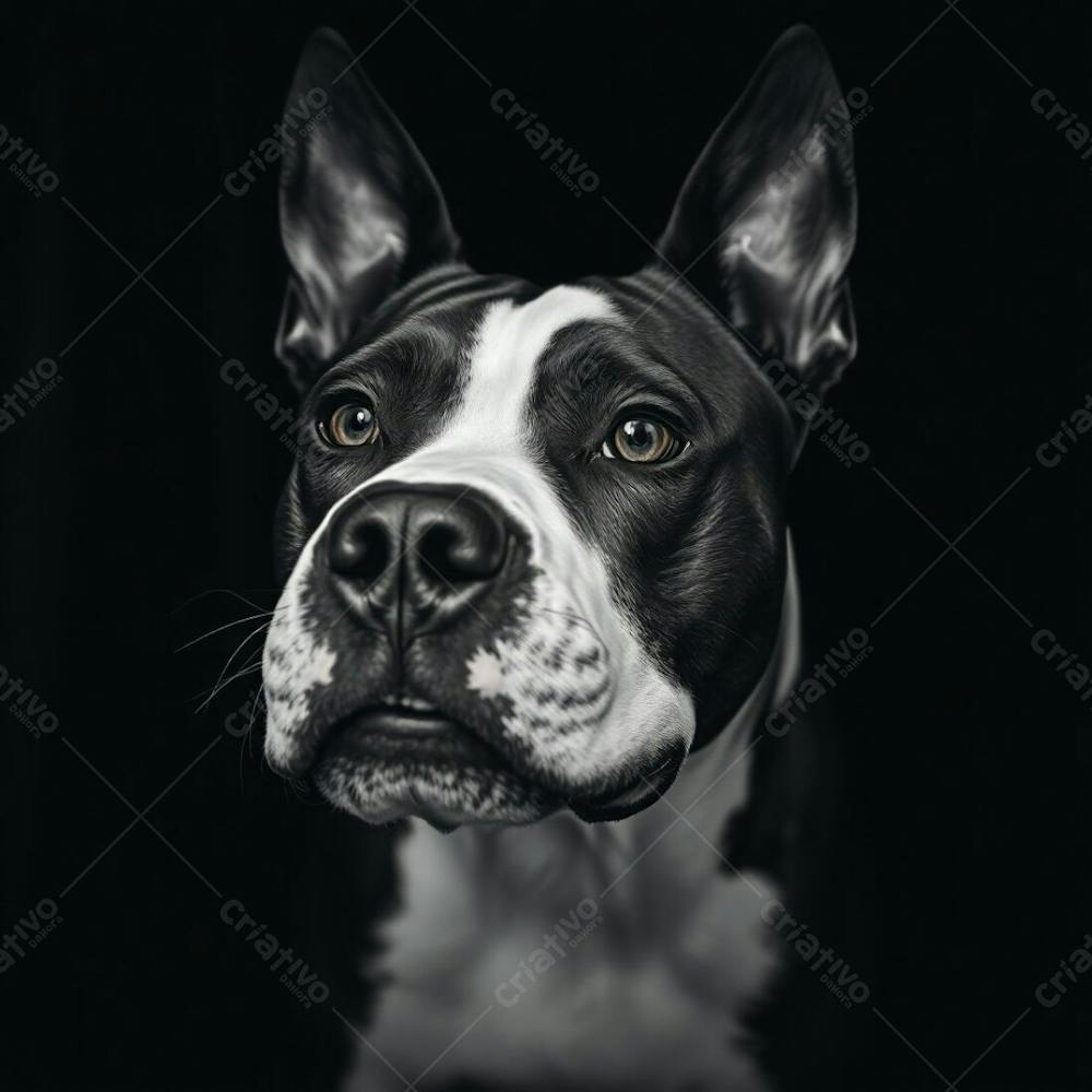 A Classic Black And White Photorealistic Image Of A Pitbull Dog, Eerie And Creepy Atmosphere, Dark Tones, Unsettling Details, Timeless And Elegant