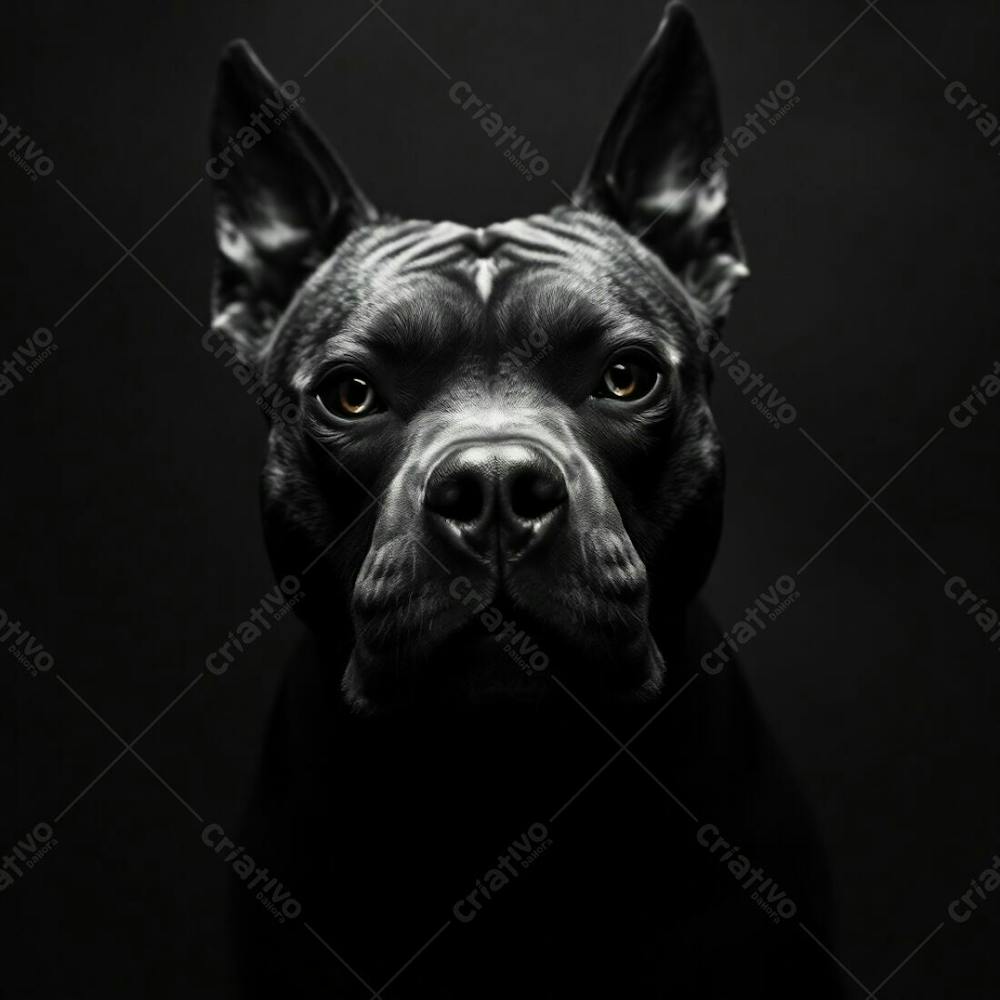 A Photorealistic Black And White Image Of A Pitbull, Eerie And Creepy Atmosphere, Dark Tones, Unsettling Details, Timeless And Elegant Style