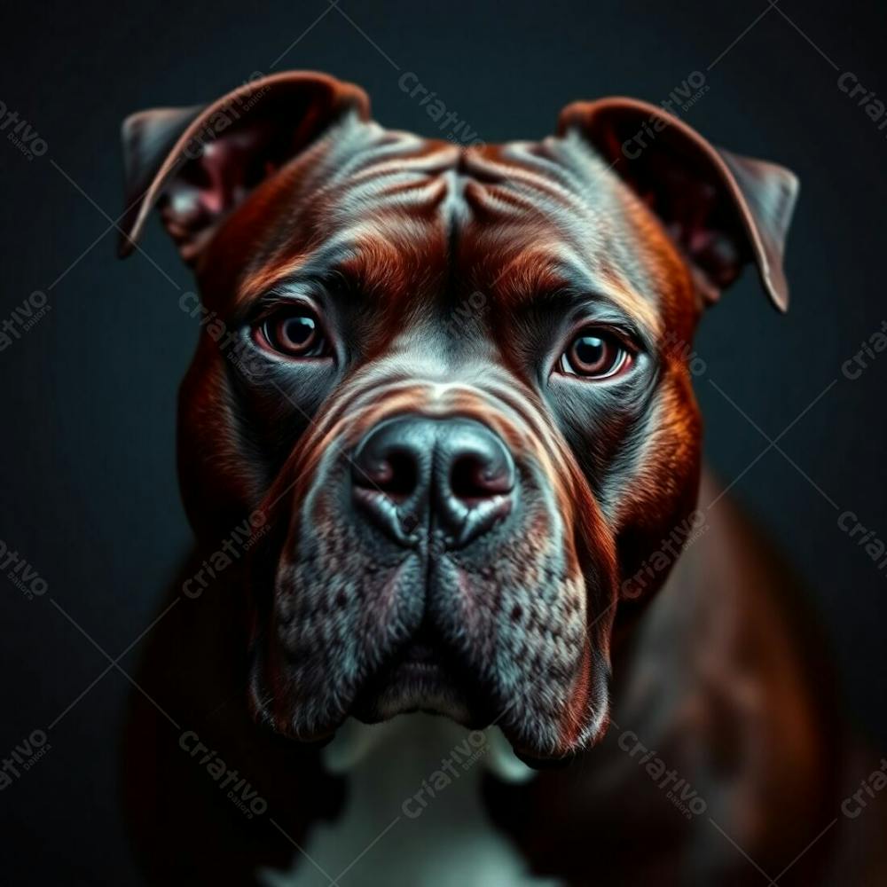 A Photorealistic Close Up Shot Of A Pitbull, Rich Burgundy And Deep Blue Tones, Sophisticated And Elegant Style, Detailed Focus