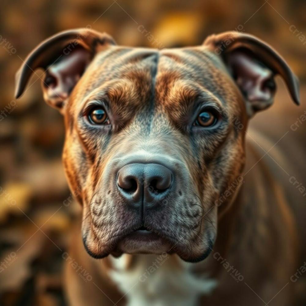 A Photorealistic Close Up Shot Of A Pitbull, Warm Autumn Colors, Earthy And Cozy Aesthetic, Detailed Focus