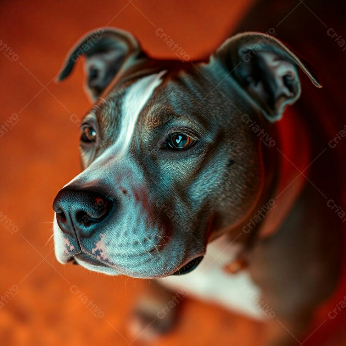 Pitbull marrom e branco em fundo laranja