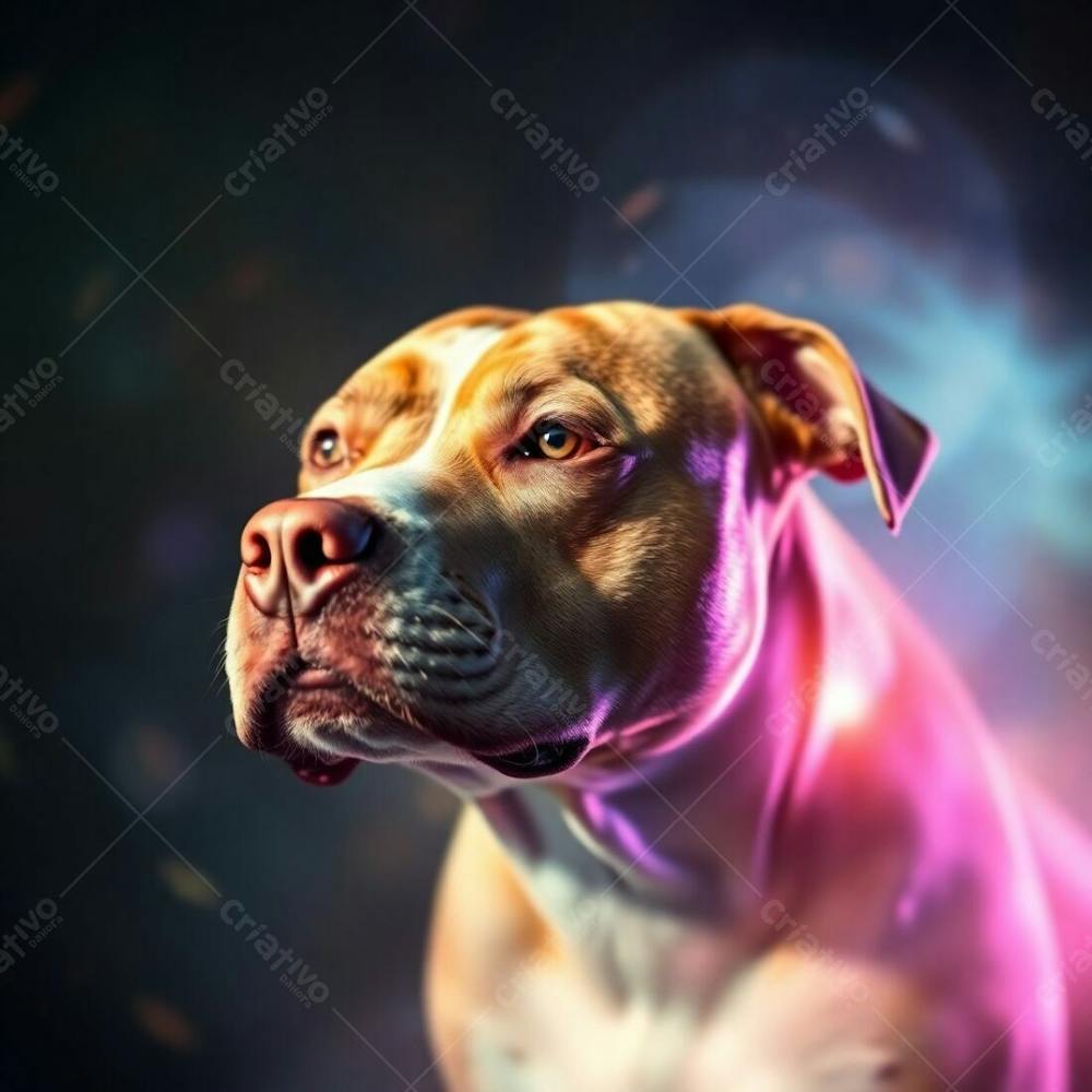 A Photorealistic Image Of A Pitbull Dog, Ethereal Spiritual Vibe, Iridescent Colors, Iridescent Reflections, Light Aura, And Mystical Feeling