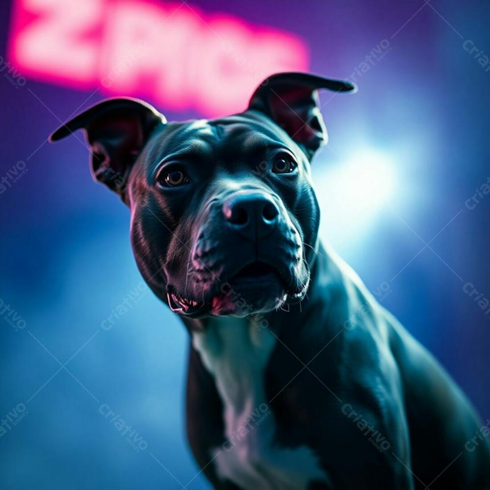 A Photorealistic Image Of A Pitbull In A Dramatic Cinematic Style, Cool Color Palette, Film Like Composition And Lighting, Blues, Greens, Purples