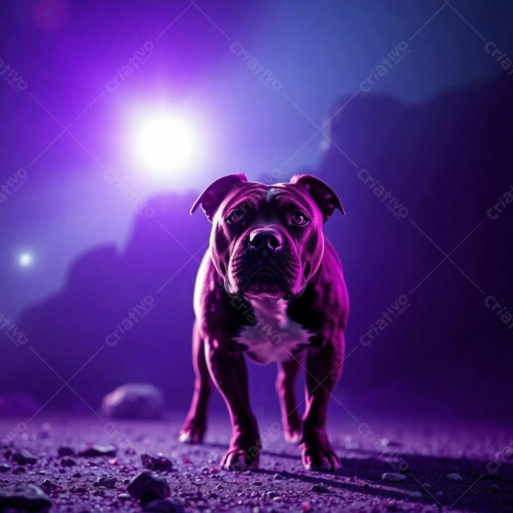 A Photorealistic Image Of A Pitbull In A Grand Epic Scene, Deep Ultraviolet Hues, Epic Lens Glow Lighting, Massive Scale, Heroic Elements, Vivid Purples, High Contrast