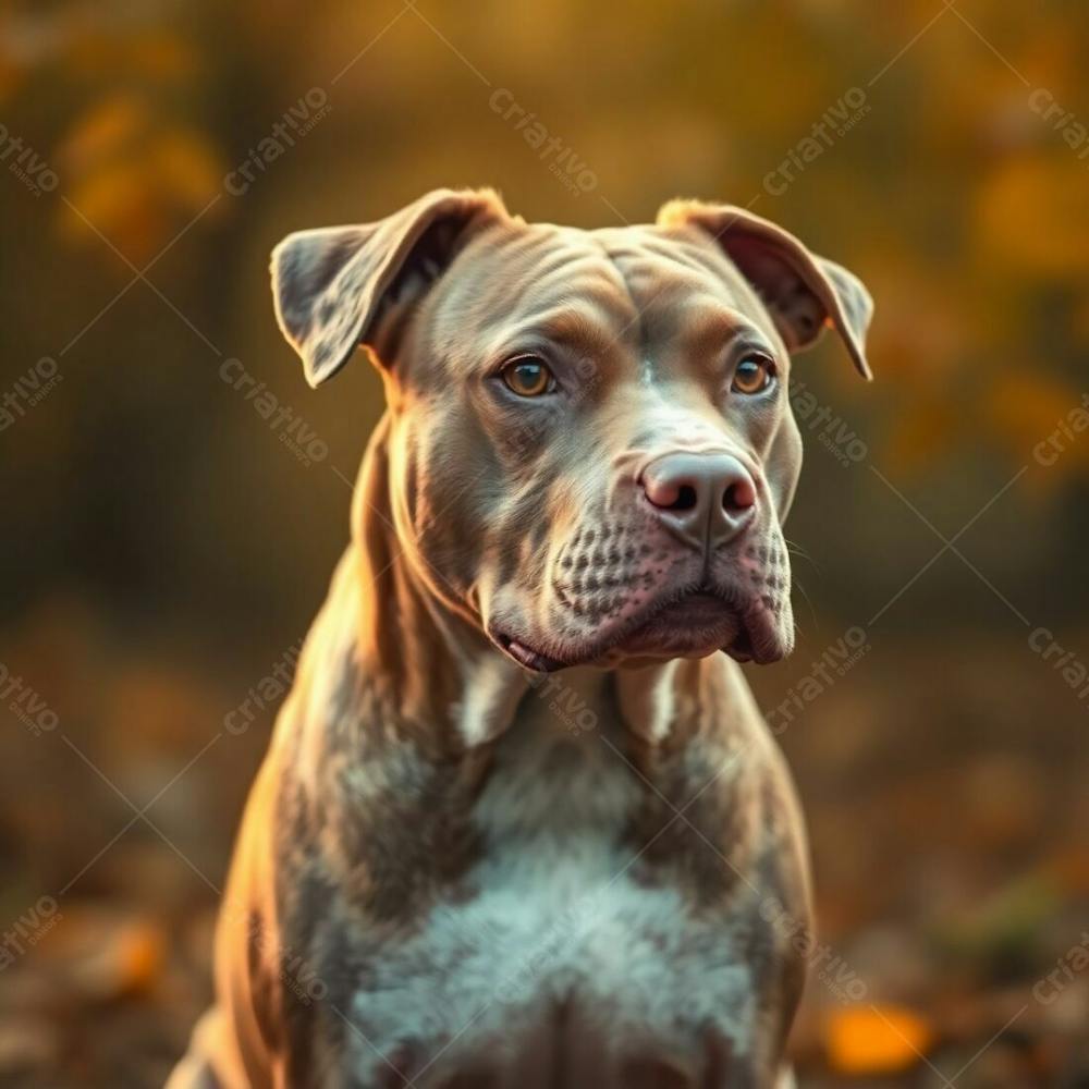 A Photorealistic Image Of A Pitbull In A Soft Dreamy Atmosphere, Warm Autumn Colors, Earthy And Cozy, Hazy Soft Light