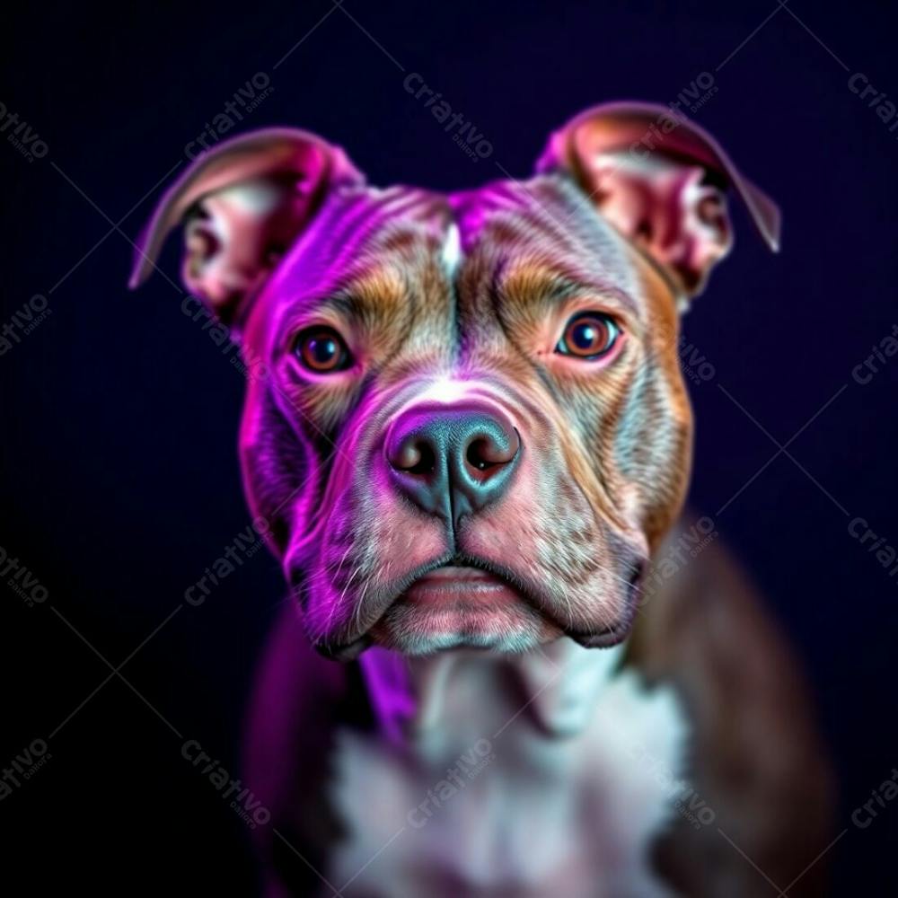 A Photorealistic Image Of An Adorable Pitbull Dog, Deep Ultraviolet Hues, Vivid Purples, High Contrast, Charming Features